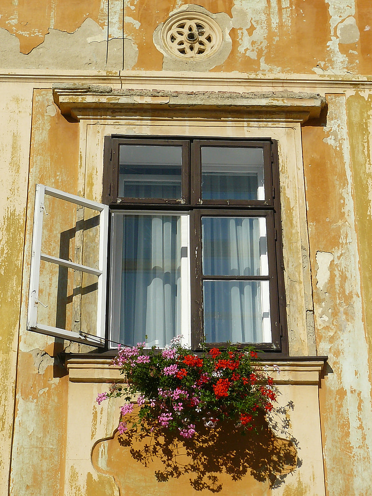 okno, stary, Geranium, Otwórz