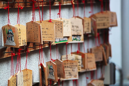 lesa, sporočila, japonski svetišče, leseni krožniki, Osaka, Japonska, tempelj