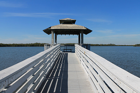 abstract, dock, pier, calm, lake, perspective, blue