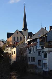 staden, waxweiler, kyrkan, byggnader, kyrktornet