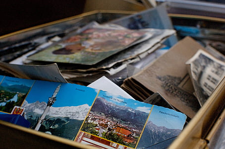 boîte de, souvenirs, photos, livres, photos, zone de déplacement, paquet