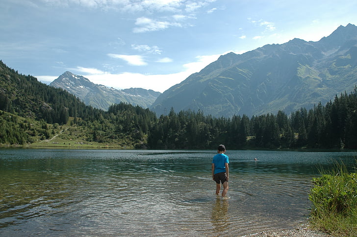 bergsee, Lago, praia, nadar, banco, paisagem montanhosa, Verão