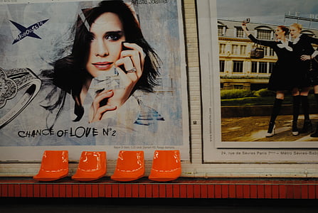 chairs, seat, orange, plastic, poster, wall, wait