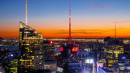 New york, Manhattan, wolkenkrabbers, zonsondergang, hemel, achtergrondverlichting, hoogte