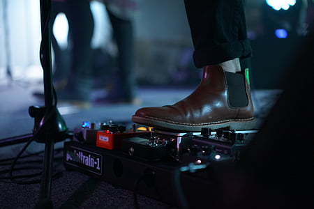 person, brown, leather, chelsea, boot, guitar, guitar pedals