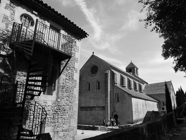 black white, abbey, provence, building