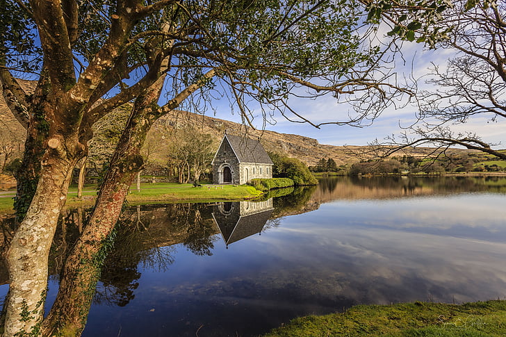 Irlande, Lac, calme, réflexion, Chapelle, eau, paysage