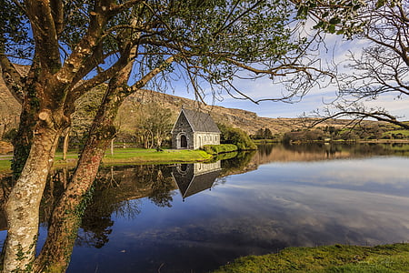 Irland, sjön, lugn, reflektion, kapell, vatten, landskap