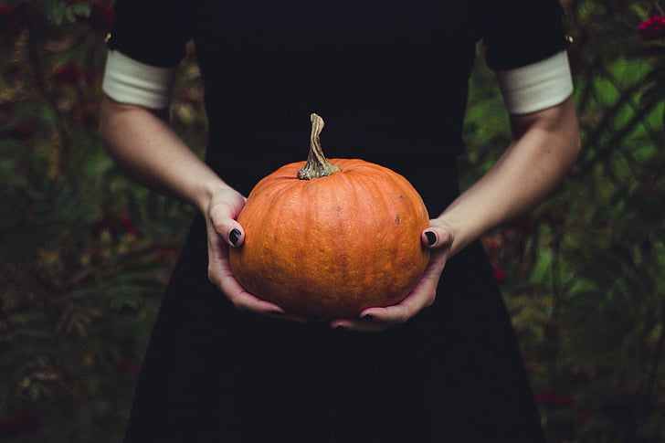 person, holding, pumpkin, forest, food, vegetables, fruits