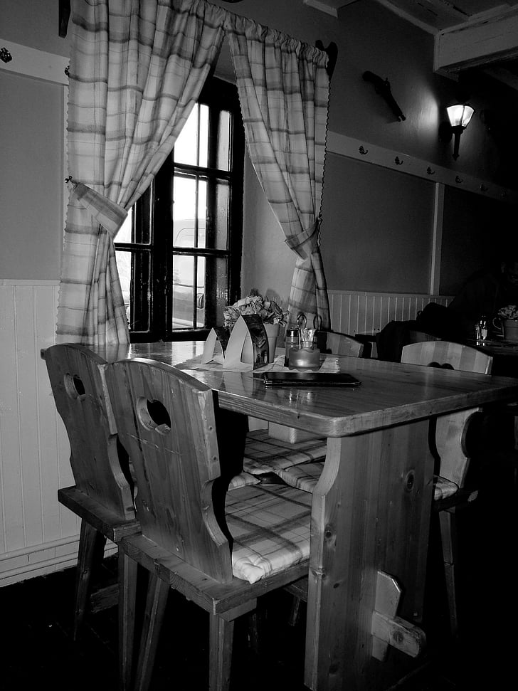 tabel, interiorul, scaun, Restaurantul, balama, fereastra, alb-negru