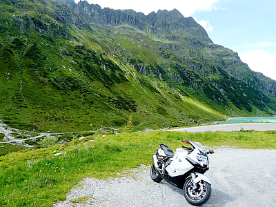 motorcycle, blue, white, green, summer, sunny, mountain