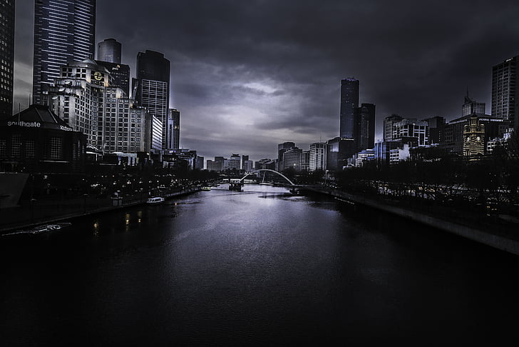 architecture, bridge, buildings, city, cityscape, dark, downtown