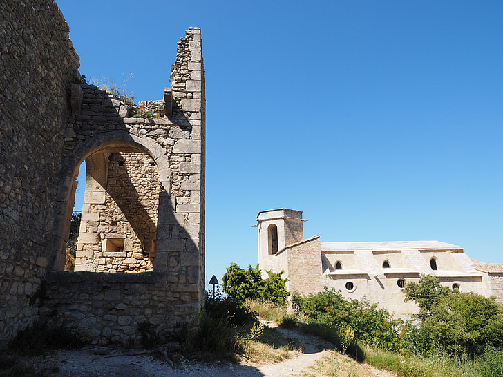 Oppède-le-vieux, ruinerna, ruinstad, kyrkan, Notre-dame-d'alidon, Steeple, byggnad