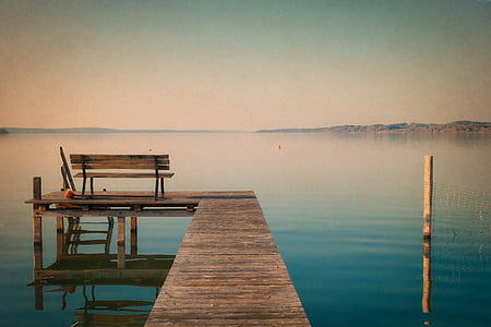 nature, water, lake, bench, dock, horizon, pier