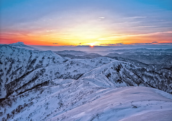 Berge, Schnee, Sonnenaufgang, Shirakami-sanchi, Region der Welt Erbe, Japan, Sonnenuntergang