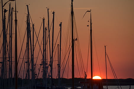 port, solnedgang, skip, båter, ferie, seil, roret