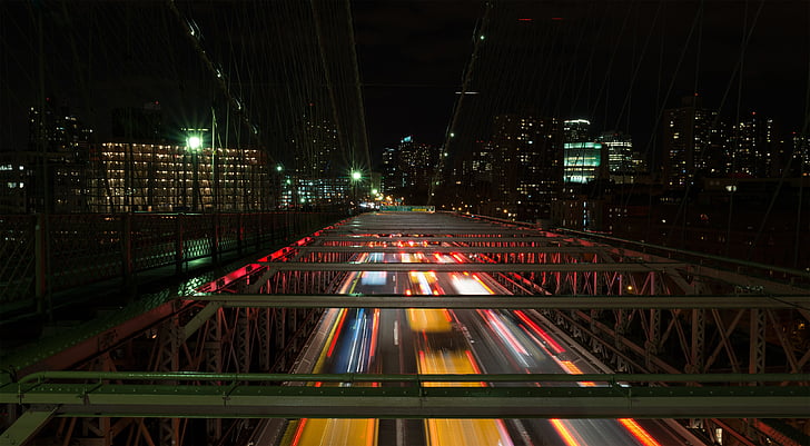 ponte, edifícios, cidade, luzes, longa exposição, à noite, estrada