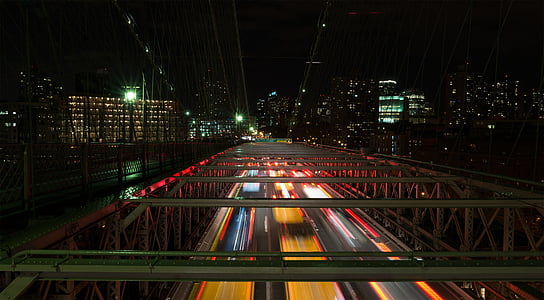 híd, épületek, város, fények, hosszú expozíciós, éjszaka, közúti