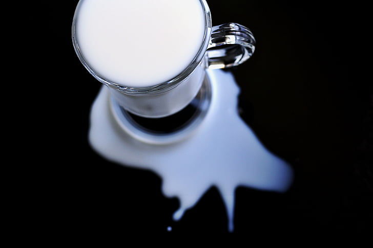 milk, spilt, white, glass, spill, breakfast, liquid