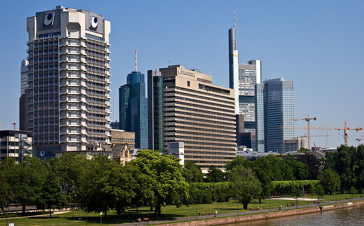 Frankfurt, huvudsakliga, Center, floden, townen centrerar, Frankfurt am main Tyskland, Skyline