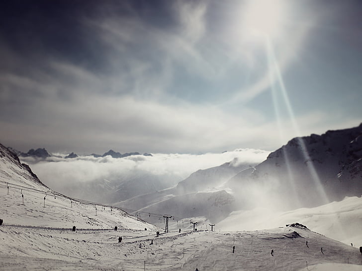 Alpine, lens flare, Bergen, skilift, Skigebied, Skiën, sneeuw