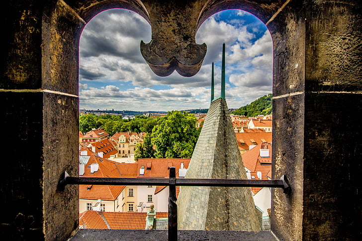 Prague, janela, cidade, República Tcheca, cidade velha, detalhe, telhados