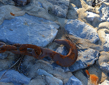 catena, gancio, catena di ferro, di fissaggio, vecchio, acciaio inox, catena di collegamento