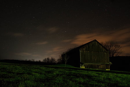 dark, night, sky, stars, barn, grass, fields