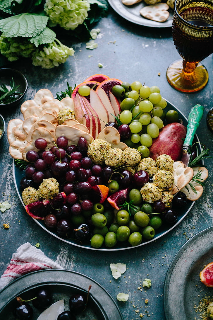 fruits, healthy, food, grapes, bowl, biscuit, glass