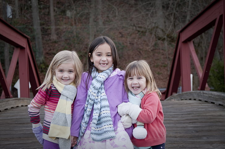 sisters, bridge, winter, scarves, sibling, childhood, outdoor