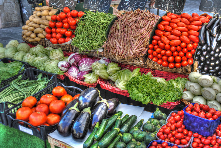 verdures, mercat, tomàquets, cogombres, patates, albergínia, enciam