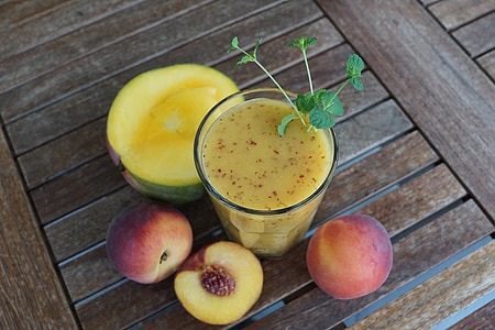 smothie, fruit, drink, glass, healthy, peach, mango