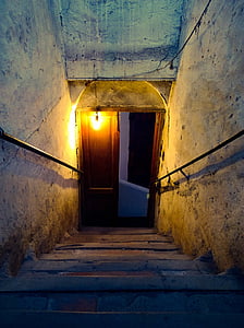 door, downstairs, handrails, light, staircase, stairs, stairway