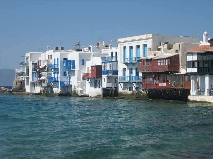 Mykonos, havet, Kykladerna, grekisk ö, humör, bostäder, venetianska kvartalet