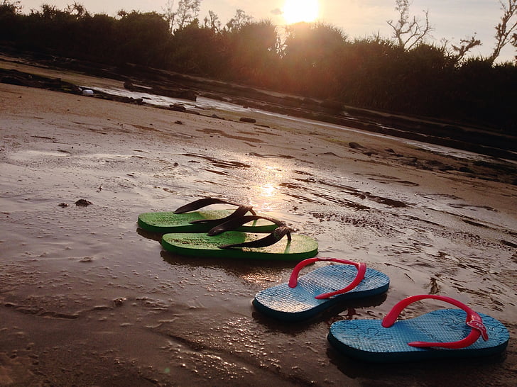 beach, slippers, sunset