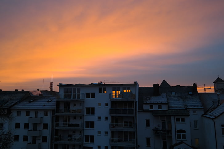 Západ slunce, večer, Domů, město, rezidenční development, abendstimmung, oranžová