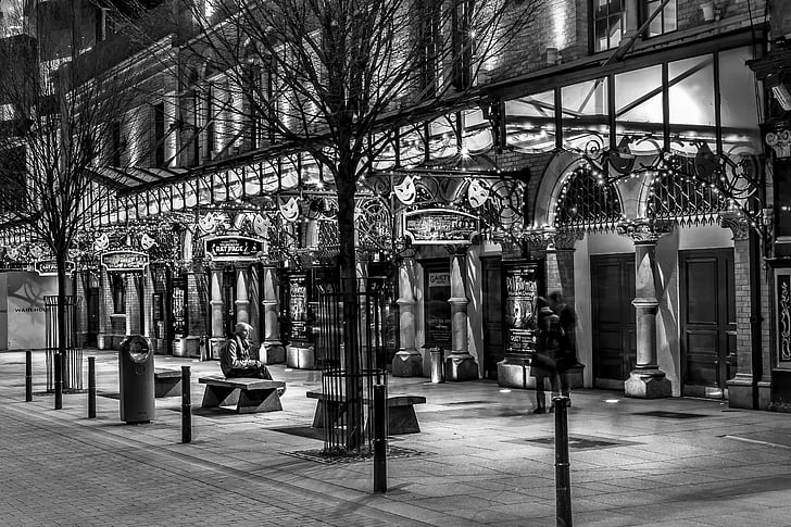 noční, divadlo, ulice, Dublin, černá a bílá, Architektura, staré