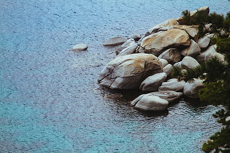 rocks, rounded, stone, sea, boulder, water, coast