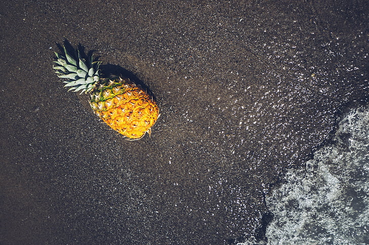 fruit, golden, pineapple, sand, shore, summer, tropical