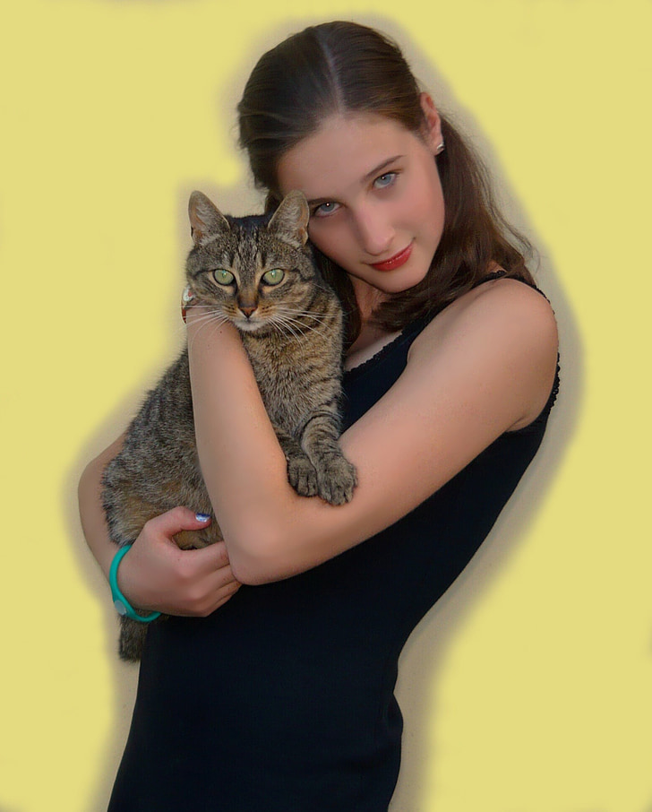 meitene, kaķis, persona, portrets, dzeltena, dzīvnieku, Klára