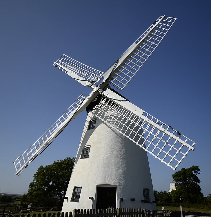 windmill, sky, wales, blue, green, landscape, sunny