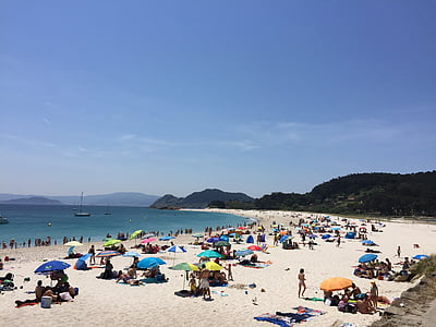Galicië, strand, Cíes eilanden, zee, zomer, zonnebaden, mensen