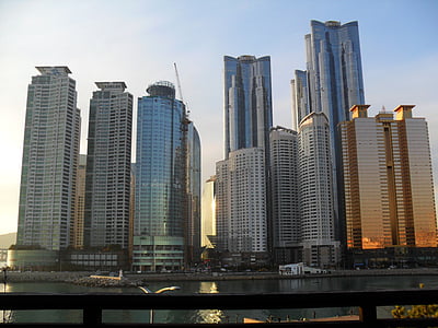 Busan, mrakodrap, budova, Haeundae beach, more, Architektúra, Mestská Panoráma