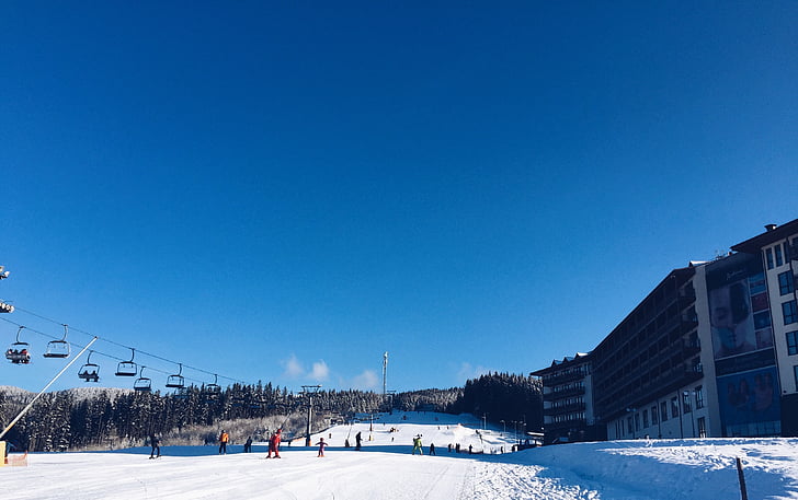 edificio, frío, al aire libre, Telesquí, estación de esquí, esquí de fondo, cielo