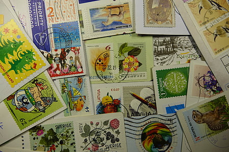 timbres postaux, recueillir des, estampillé, congé, carte postale, timbre, valeurs de marque