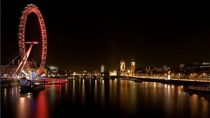 reflections, night, london, big ben, parliament, london eye, lights