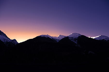 black, white, snow, cap, mountain, sunset, hills