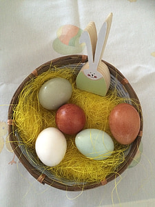 Velikonoční hnízdo, vejce v přírodních barvách, králík
