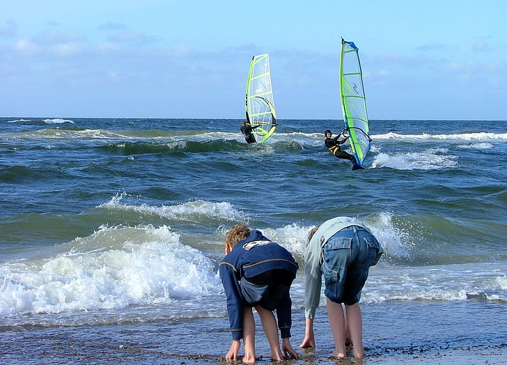 apa, valuri, plajă, windsurf, surfer, copii, băieţi
