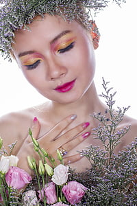 girl, colorful, portrait, make up, beauty, skin, flowers